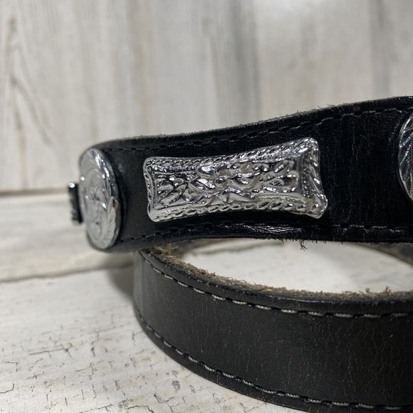 Don Cuco's Boots Black Leather Belt Rodeo Belt Silver Metal Emblems Accents - Picture 3 of 9